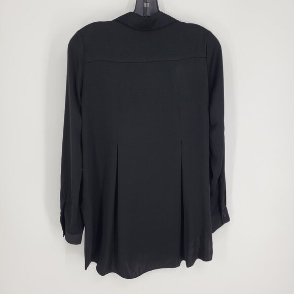 3/$25 Renuar Button Down Tunic Top Blouse XS Long Sleeves Black Collared Hi Low - Picture 2 of 6